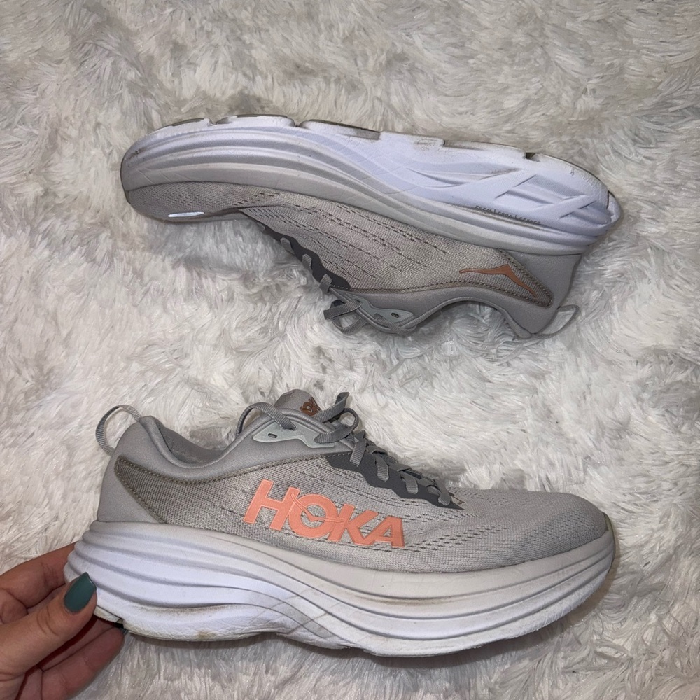 Hoka Women's Light Gray and Coral Sneakers